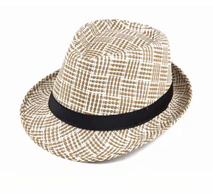 Side view detail of a woven summer straw fedora hat featuring a classic plaid pattern