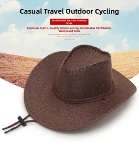 Detail of dark brown cowboy hat with breathable eyelets and adjustable windproof cord