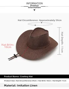 Detailed sizing chart for dark brown linen cowboy hat with brim and crown dimensions