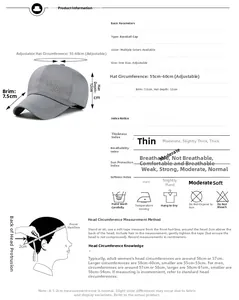 Detailed size chart for men's adjustable linen baseball cap showing measurements and specs