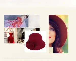 Detail of red wool felt cloche hat featuring an elegant bow and retro round dome design