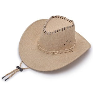 Breathable flax straw cowboy hat with wide brim and decorative cord for sun protection