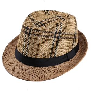 Khaki straw fedora hat with black plaid pattern and ribbon for outdoor leisure wear