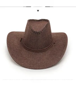 Front detail of dark brown linen cowboy hat with rope trim and stitched brim