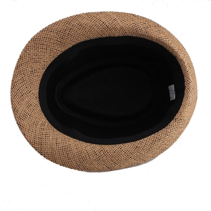 Detail view of the straw fedora inner sweatband and 100% paper material label