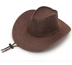 Detail of dark brown cowboy hat featuring coarse woven texture and adjustable chin strap