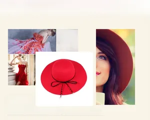 Detail of red wool felt fedora featuring a black bow with pearl and metal bead accents