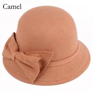 Camel vintage wool felt cloche hat with elegant bow decoration for autumn and winter