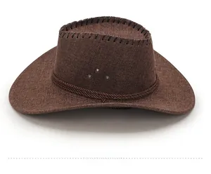 Side view of dark brown linen cowboy hat with decorative woven rope and side air vents