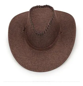 Top view of brown woven cowboy hat featuring rustic texture and black stitching details