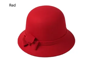 Front view of a red wool cloche hat for women featuring a stylish side bow detail