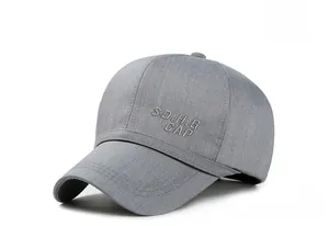 Detail of gray linen baseball cap with SD.H.G embroidery and curved brim for men