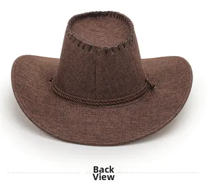 Detail of a brown cowboy hat with triple rope band and back view stitching on wide brim