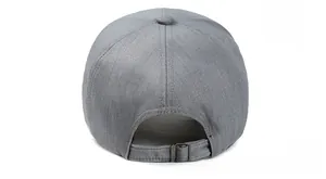 Detailed back view of a grey linen baseball cap showing the adjustable metal buckle