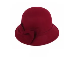 Detail view of burgundy wool cloche hat featuring a bow and decorative stitching