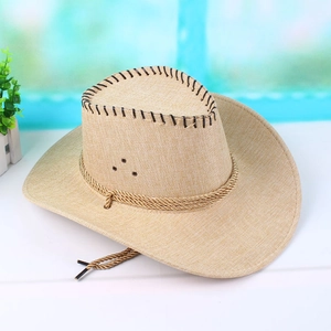 Khaki western cowboy straw hat with braided rope and chin strap for outdoor sun protection
