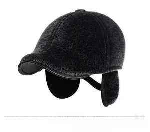 Close-up of black winter baseball cap featuring warm faux fur and protective ear flaps