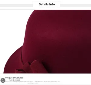 Detail view of the high-temperature molded round top of a wine red wool felt bucket hat