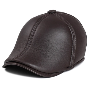 Classic dark brown leather flat cap with ear flaps and retro textured finish for men