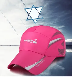 Detail of rose red sports baseball cap with Aquatic SPORTS logo and breathable mesh