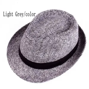 Classic men's light grey herringbone fedora hat with a black grosgrain ribbon band