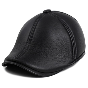 Men's winter black leather baseball cap with six-panel stitching and ear protection