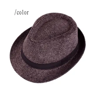 Men's coffee herringbone fedora hat with black grosgrain ribbon on white background