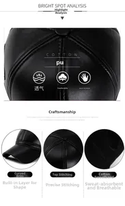 Detail of PU leather baseball cap showing stitching, curved brim and cotton sweatband