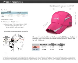 Detailed size guide for unisex cotton baseball cap featuring brim and depth specs
