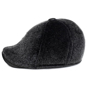 Winter men's dark grey faux mink fur baseball cap with warm earflaps and plush texture