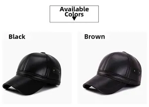 Detail view of winter baseball caps for men in black and brown leather with metal rivets