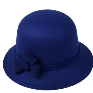 Elegant navy wool cloche hat for women with bow detail and adjustable fit for autumn winter