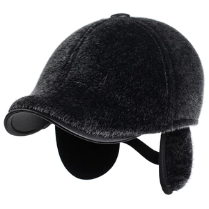 Winter men's black faux mink fur baseball cap with thickened earflaps and leather brim