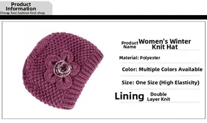 Detail view of purple winter knitted hat with decorative flower and faux fur pom-pom