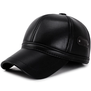 Mens winter black faux leather baseball cap with ear flaps and textured finish