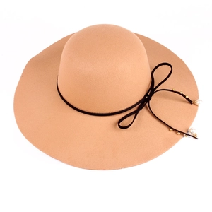 Camel wide brim wool felt hat for women with elegant black ribbon and pearl decoration