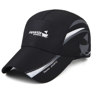 Black athletic baseball cap with Aquatic SPORTS logo and quick-dry polyester fabric