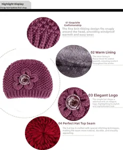Detail of purple knitted hat featuring handmade floral decor and warm gray fleece lining