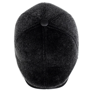 Top down view showing texture of grey faux fur winter baseball cap for men