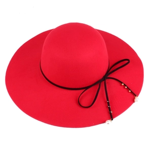 Elegant Women Wide Brim Wool Felt Fedora Hat Retro Round Top Sun Hat With Artificial Pearl Bow Decoration Autumn Winter