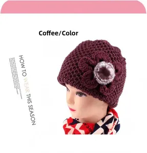 Detail of coffee brown knit hat with 3D floral accent and pom-pom for elderly women