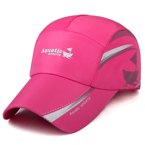 Detail of hot pink quick-dry sports cap showing Aquatic SPORTS logo and stitching