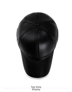 Top view of black leather baseball cap showing stitching and premium texture