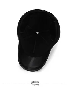 Detail view of the black winter baseball hat showing inside lining and leather brim