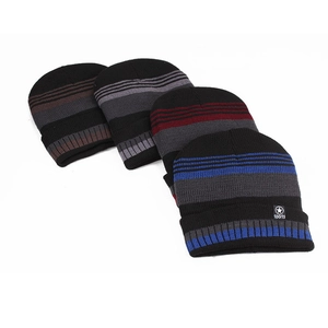 Winter striped knit beanie hats in four colors with sports patch and thick lining