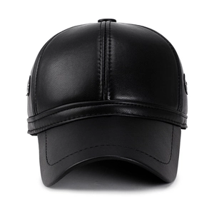 Classic black leather baseball cap for elderly men featuring protective ear flaps for winter