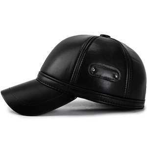 Classic black leather baseball cap for men with ear flaps and premium lychee texture