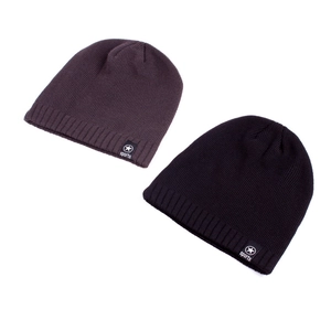 Detail view of knitted sports beanies featuring ribbed edges and sports star logo labels