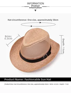 Mesh paneled khaki straw hat dimensions showing 58cm circumference and 6.5cm brim