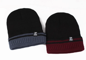 Close-up of ribbed knit beanie texture with SPORT label and warm fleece lining detail